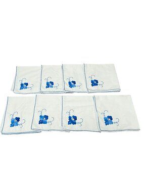 8 Vintage White Cotton Napkins With Blue Floral Embroidery & Scalloped Borders